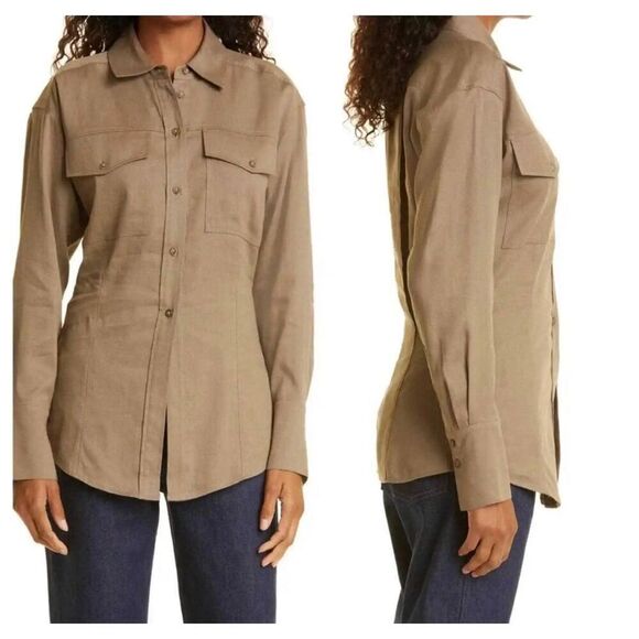 Frame Sz Small Desert Brown Arie Button Up Long Sleeve Linen Blend Stretch Top - Picture 4 of 10